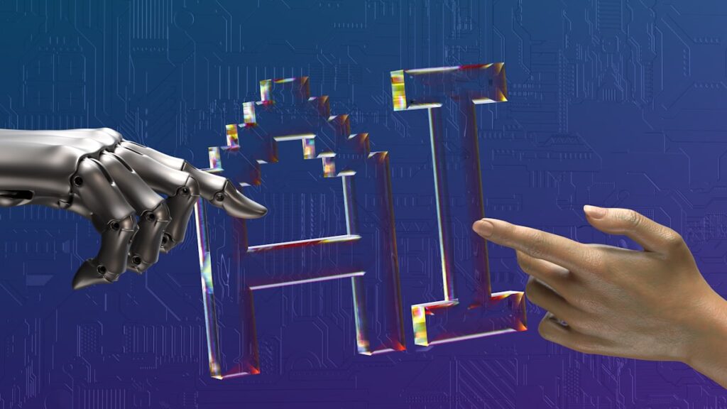 יד רובוטית ויד אנושית מושיטות לכיוון הטקסט AI