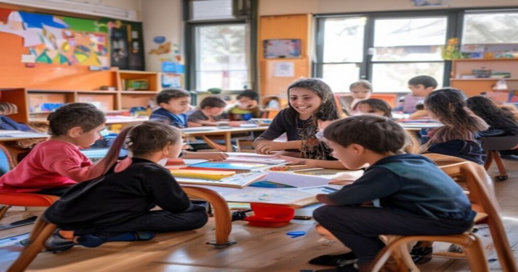 תלמידים בכיתה הטרוגנית עובדים בקבוצה קטנה עם המורה