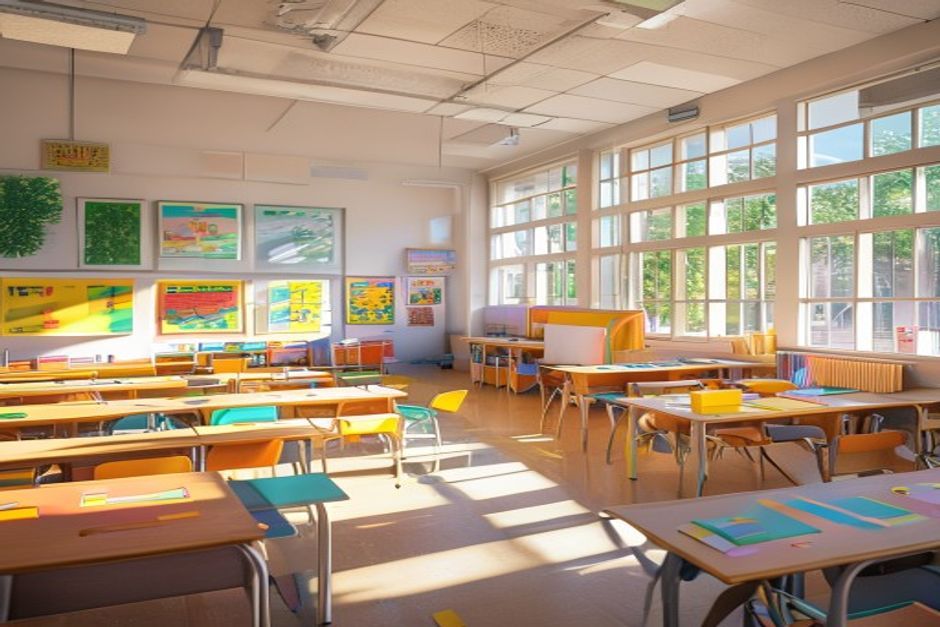 כיתת בית ספר יסודי צבעונית עם שולחנות ותיקים, מוארת באור יום טבעי מהחלונות